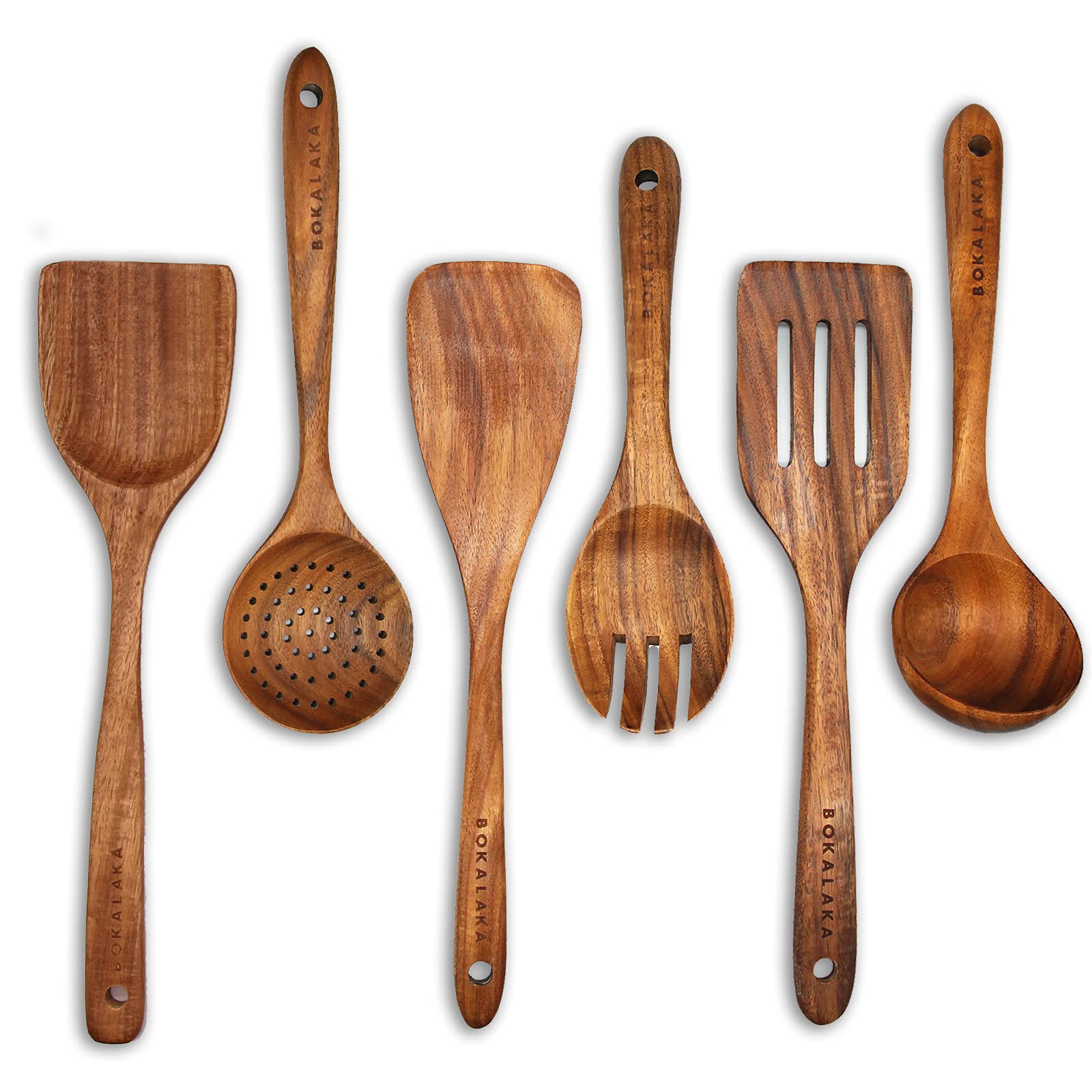 BOKALAKA 6-piece wooden utensil set - handcrafted teak cooking spoons and spatulas for non-stick pans